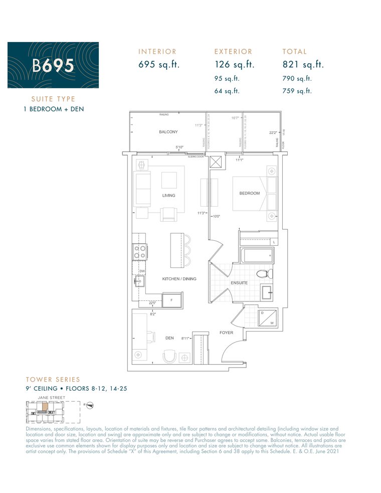 B695 one-bedroom-plus-den floorplan with 695 square feet of interior space