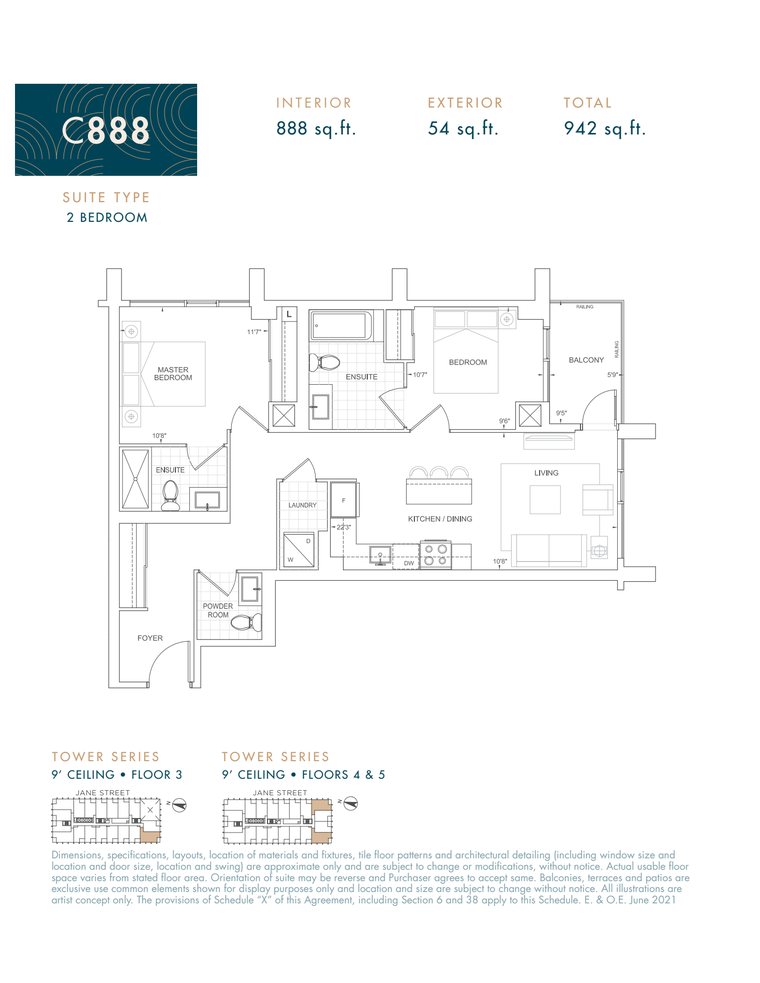 C888 two-bedroom floorplan with 888 square feet of interior space