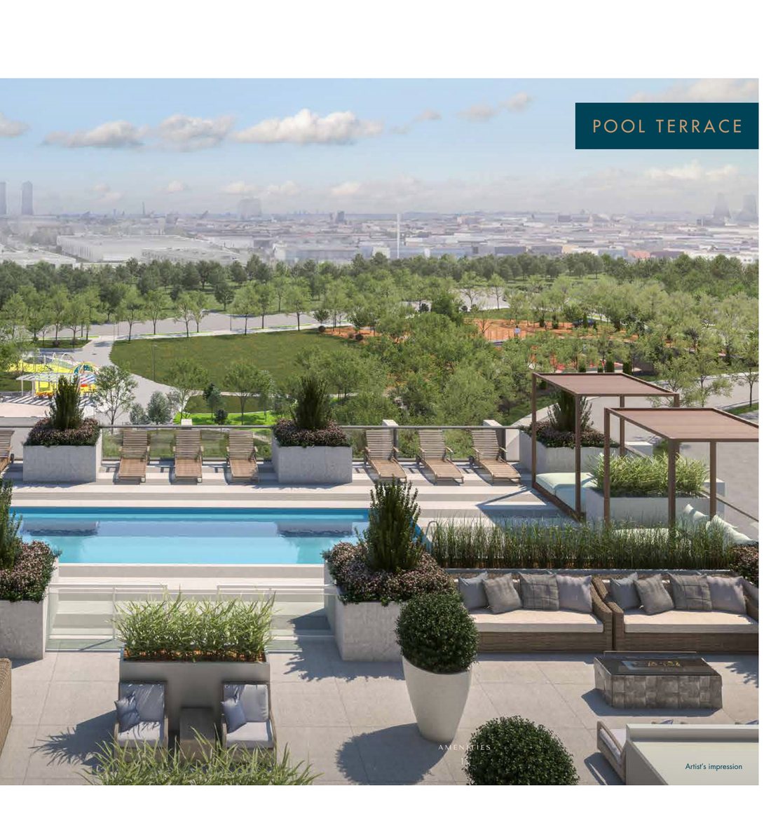 Artist's rendering of The Fifth's outdoor pool and terrace