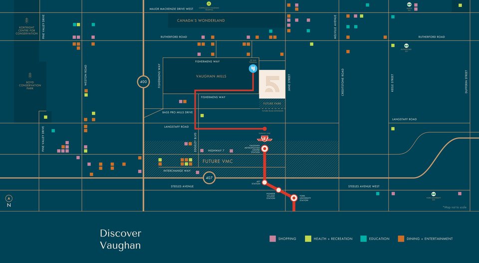 Illustrative map showing The Fifth near Vaughan Mills, highways and transit connections